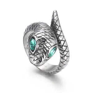 Bague Serpent En Acier Inoxydable 316L Avec Yeux En Pierres Synthétiques Vertes Punk Gothique Vintage Bijoux Pour Hommes