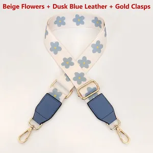 Floral wide shoulder strap with light blue blossoms and lake blue leather connector