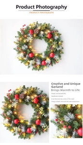 Detail of Christmas wreath with pine cones, red berries, and warm LED lights