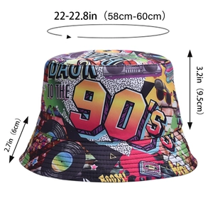 Detailed size chart for 90s retro graffiti bucket hat with 58-60cm head circumference