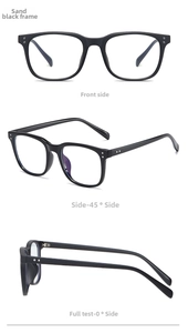 Three perspectives of matte black TR90 square glasses frames with metal rivet details
