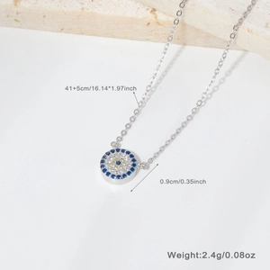 Detailed view of evil eye pendant with blue zircons and size specifications