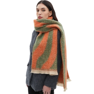 Soft autumn winter boucle scarf with orange and green wave stripes and tassels