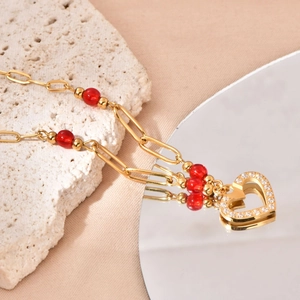 18K Gold Plated Stainless Steel Heart Pendant Necklace With Red Beads Rhinestone Shell Clavicle Chain For Women Vintage Jewelry