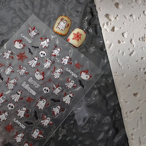 5D gold-stamped Halloween nail stickers featuring white ghosts and red spider webs