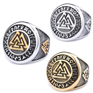 Nordic Viking Rune Ring For Men Vintage Valknut Stainless Steel Mythology Band Jewelry Retro Distressed Style