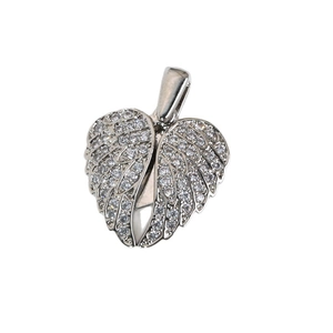 Silver heart wings pendant with pavé zircons and polished bail on a white background