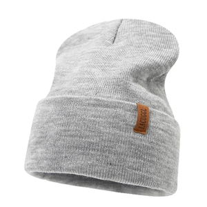 Classic grey knitted beanie for men and women with brown leather brand patch