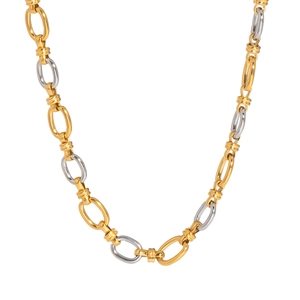 Détail du collier chaîne à maillons ovales bicolores or et argent entrelacés