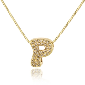 Macro detail of a gold-plated letter P pendant with micro-paved sparkling cubic zirconia