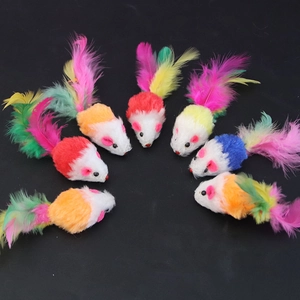 Pack of 7 colorful plush mouse cat toys with natural feathers on black background