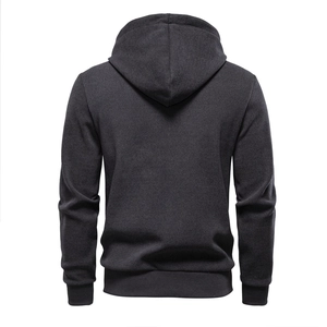 Rear view of dark grey thermal fleece hoodie with ribbed cuffs and hem for men