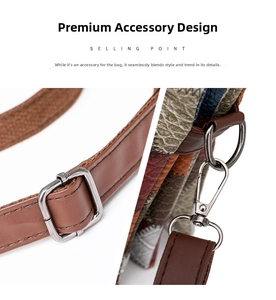Macro shot of brown leather shoulder strap with vintage metal buckle and spring hook