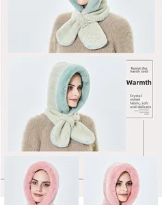 Detailed view of the soft crystal velvet fabric and plush faux fur trim of the hooded scarf
