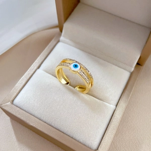 Golden Evil Eye adjustable open ring with sparkling white zircon micro-pave setting