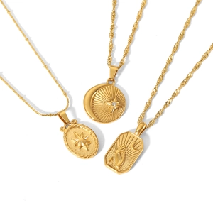 Collier En Acier Inoxydable Avec Pendentif Zircon Plaqué Or 18K Étoile Lune Soleil Main Bijoux Pour Femmes
