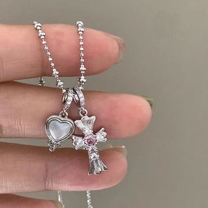 Kreuz Herz Doppel Anhänger Halskette Mit Zirkonia Und Perlmutt Kugelkette Modeschmuck Für Damen