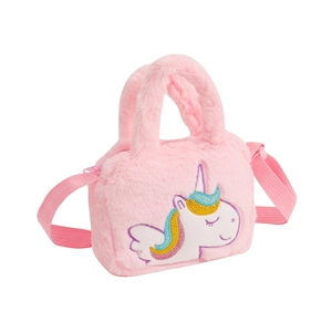 Pink unicorn plush handbag for kids with shoulder strap and soft embroidery detail