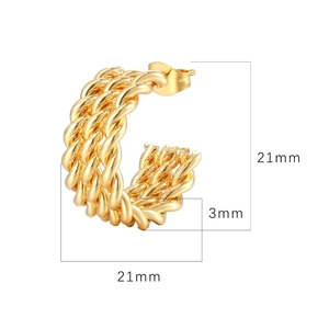 18K gold plated stainless steel twisted rope C-shaped hoop earrings 21mm size