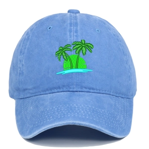 Light blue baseball cap with green palm tree embroidery on a clean white background