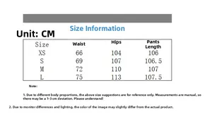Detailed size chart for wide-leg sports trousers showing waist, hip, and length specs