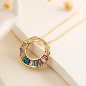 18K gold plated necklace with hollow round pendant set with colorful square gemstones