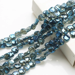 Macro shot of 12mm deep blue plated glass beads with metallic luster for jewelry making