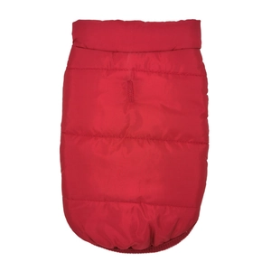 Close-up of red quilted pet vest featuring durable polyester and a leash attachment opening