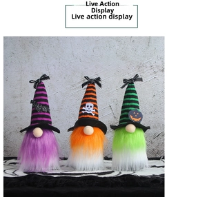 Close-up of three Halloween gnomes with striped hats and vibrant long beards for bar decor