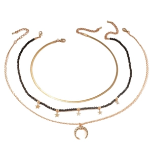 Three-layer gold starfish moon pendant necklace set with black beads and snake chain