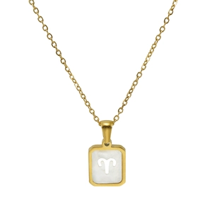 18K gold plated stainless steel Aries necklace with white shell inlay square pendant
