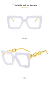 Front and side views of chunky white square frame glasses with gold chain temples