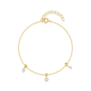 Detailed shot of S925 silver gold bracelet with three teardrop zircon pendants and beads