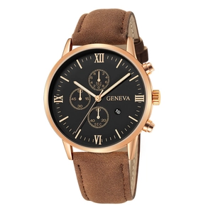 Detail of rose gold case Geneva watch with brown leather strap and black Roman dial