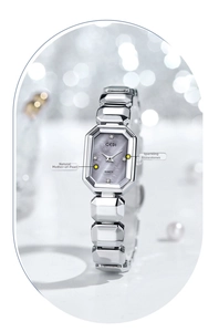 Detailed macro view of silver GEDI quartz watch with natural mother of pearl dial and rhinestones