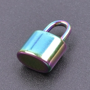 Detailed close-up of rainbow-colored rainbow steel lock pendant for DIY jewelry making