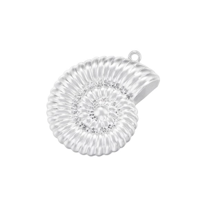 Gros plan sur un pendentif nautile argenté rétro avec une texture spirale détaillée