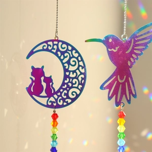 Rainbow metal hummingbird and moon cat suncatcher with colorful crystal beads