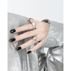 Minimalist S925 silver irregular ring set with baroque pearl and hollow geometric layers