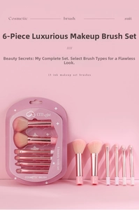 Detailed view of 6-piece peach pink makeup brush set with gradient bristles and soft texture