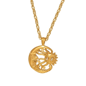Retro Sun And Moon Pendant Necklace Titanium Steel Celestial Star Rhinestone Inlaid Dainty Jewelry For Women