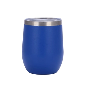 Detailed view of matte blue 12oz stainless steel wine tumbler with clear plastic lid