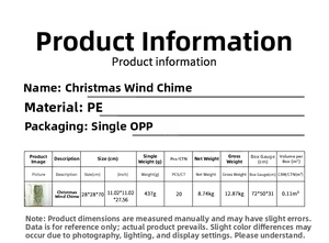 Detail specifications and dimensions of a Christmas wind chime hanging decoration