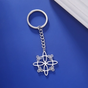 Detailed close-up of polished silver stainless steel Wiccan knot charm keychain with link chain