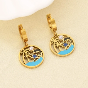 Gold stainless steel hoop earrings with tropical dolphin and palm tree landscape charm