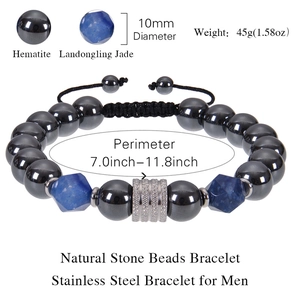 Men's 10mm hematite and jade beaded bracelet with stainless steel adjustable cord