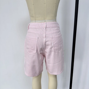 Rear view detail of high-waist pink striped denim shorts with two back pockets on mannequin