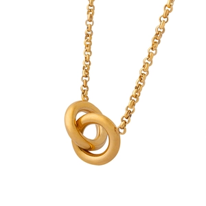 French minimalist interlocking double ring gold pendant necklace with thick rolo chain link