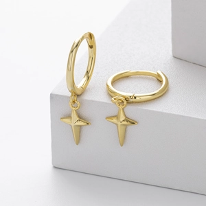Polished gold S925 sterling silver hoop earrings with minimalist four-pointed star charms
