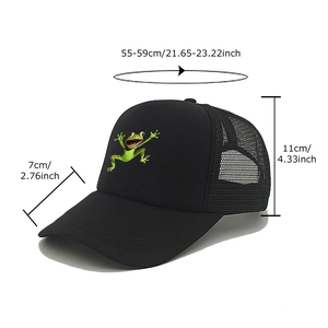 Black frog print trucker hat with breathable mesh back and size measurement details